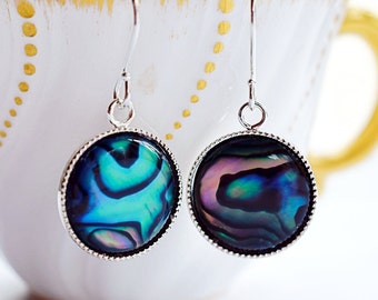 Shell Paua Rainbow Earrings, Abalone Seashell Dangles, Blue Green Shell Paua Earrings, Silver Hooks, Best Friends Gifts, Mother's Day Gifts