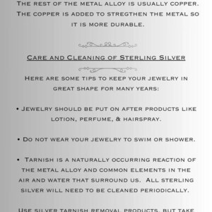 May include: An informational graphic with black text on a light gray background explaining sterling silver composition and care. It details that sterling silver is 92.5% pure silver, provides tips for jewelry maintenance, and lists MSBSDESIGNS.ETSY.COM.