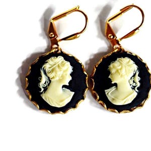 Round Gold Cameo Earrings Jane Austin Art Deco Lady Cameo Drop Earrings Black Earrings Birthday Gift For Her