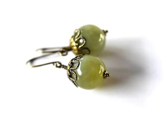 Green Jade Drop Earrings Big Ball Dangles