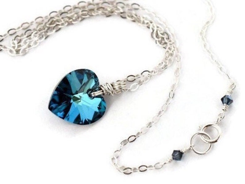 Teal Prism Crystal Heart Necklace Sterling Silver Wrapped Bermuda Blue Heart Pendant image 2