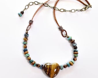 Boho Turquoise Tiger's Eye Heart Necklace, Leather Cord
