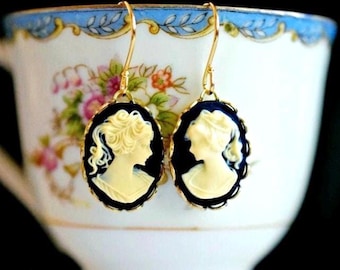 Dainty Black Cameo Earrings, Gold Victorian Lady Drops