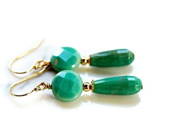 Turquoise Chrysoprase Earrings - 14k Gold Filled Green Stone Drops - Gemstone Jewelry