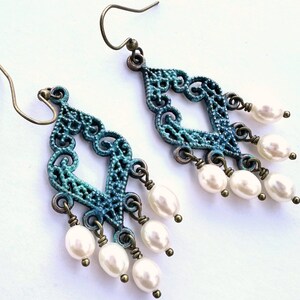 Whimsy Verdigris Patina Pearl Chandelier Earrings: Filigree Dangles image 7