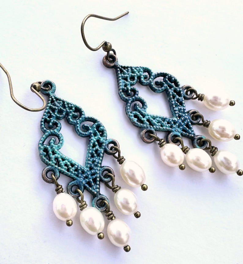 Whimsy Verdigris Patina Pearl Chandelier Earrings: Filigree Dangles image 7