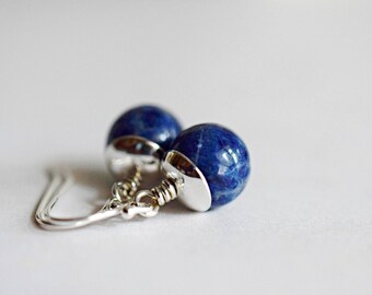 Lapis Blue Sodalite Earrings - Blue Stone Drops - Minimalist Silver Dangles - Gemstone Jewelry