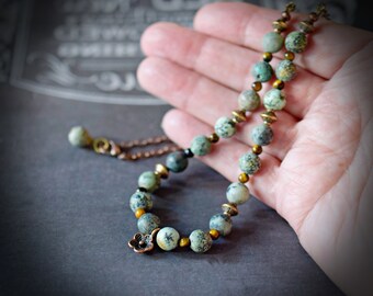 Matte African Turquoise Necklace with Tiger's Eye & Copper, Jewelry Set