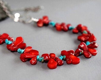 Turquoise & Coral Necklace, Red Coral Stone Necklace, Bohemian Red Necklace, Southwestern, Gifts for Her, Real Coral Jewelry