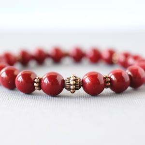 Red Coral Stretch Bracelet: Boho Copper Beaded Jewelry