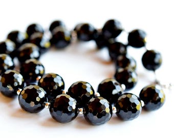 Big Beaded Black Onyx Necklace: Sterling Silver Bead Faceted Gemstone Jewelry