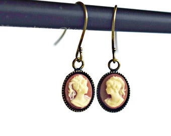 Tiny Cameo Drop Earrings: Ivory & Carnelian, Victorian Style