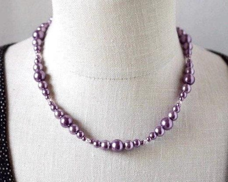 Conjunto de collar de perlas moradas, joyería de perlas para damas de honor en bodas imagen 2