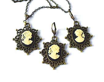 Edwardian Cameo Necklace Set, Ivory Black Victorian Lady Earrings, Gold Brass Filigree Jewelry Set