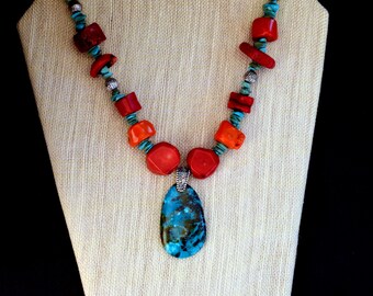 Rustic Red Coral Necklace, Long Turquoise Pendant, Raw Stone Nuggets, Coral & Silver, Bohemian Handmade Jewelry Gifts