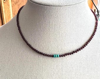 Handmade Small Bead Turquoise Garnet Necklace, December & January Birthstone Beaded Gemstones