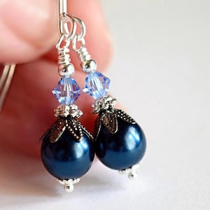 Night Blue Pearl Earrings Crystal & Pearl Drop Earrings Silver Earrings Personalized Jewelry Bridesmaid Bridal Earrings
