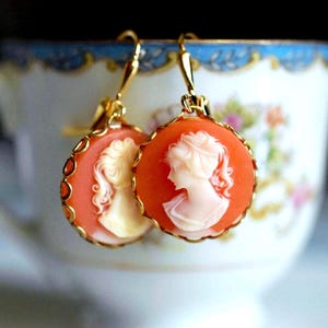 Carnelian Gold Cameo Earrings - Jane Austin - Cameo Jewelry