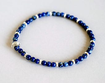Handmade Lapis Beaded Bracelet Silver Heishi Disc, Energy Lazuli Gemstone Jewelry