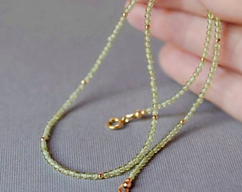 Dainty Peridot Necklace, 14K Gold Filled, Small Bead Peridot Choker Personalized Gifts, Gemstone Jewelry Peridot Gold Beaded Valentines Gift