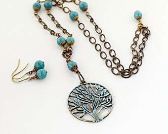 Family Tree Necklace: Turquoise Beaded Weeping Willow Tree Charm Pendant
