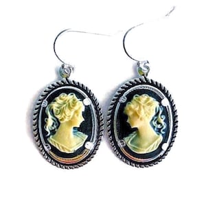 Silver Cameo Earrings, Victorian Lady Cameo Drop Earrings, Ivory & Black Cameo Dangles, Handmade Cameo Jewelry