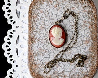 Silhouette Cameo Necklace, Carnelian Cameo Gold, Victorian Lady Cameo Pendant, Downton Abbey Cameo Jewelry