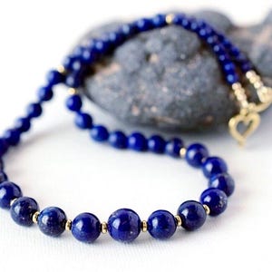 Graduated Lapis Lazuli Beaded Necklace, Gold Accent Gemstone Jewelry