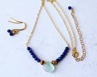 Chalcedony & Lapis Lazuli Necklace with Mint Green Teardrop on Gold Chain, Dainty Lapis Earrings, Jewelry Set