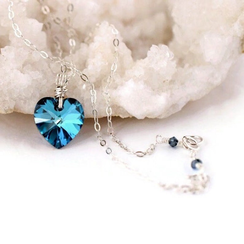 Teal Prism Crystal Heart Necklace Sterling Silver Wrapped Bermuda Blue Heart Pendant image 5