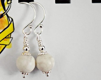 Handmade White Turquoise Earrings, Small Round Stone Dangles,  Boho Minimalist Jewelry