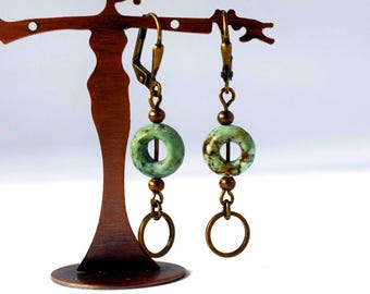 Circular Ring Turquoise Stone Brass Earrings, Long Antique Gold