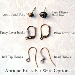 May include: Antique brass ear wire options for jewelry making.  The image shows 5mm bead posts, 8mm filigree bead posts, fancy lever backs, plain lever backs, ball tip hooks, and bead hooks.