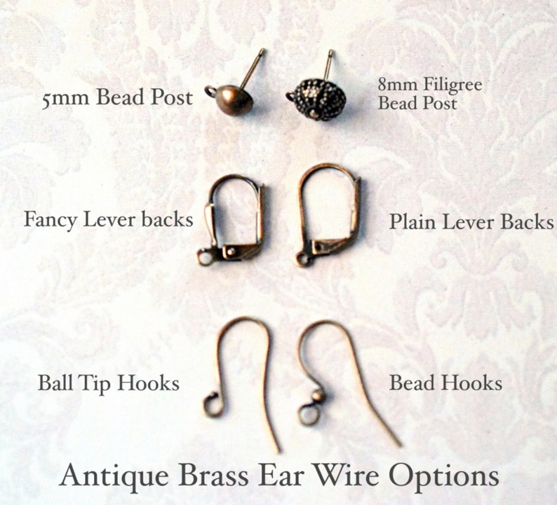 May include: Antique brass ear wire options for jewelry making.  The image shows 5mm bead posts, 8mm filigree bead posts, fancy lever backs, plain lever backs, ball tip hooks, and bead hooks.