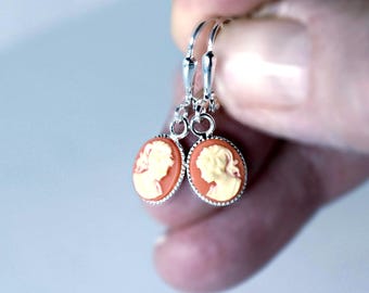 Silver Carnelian Cameo Drop Earrings: Victorian Style Mini Dangles