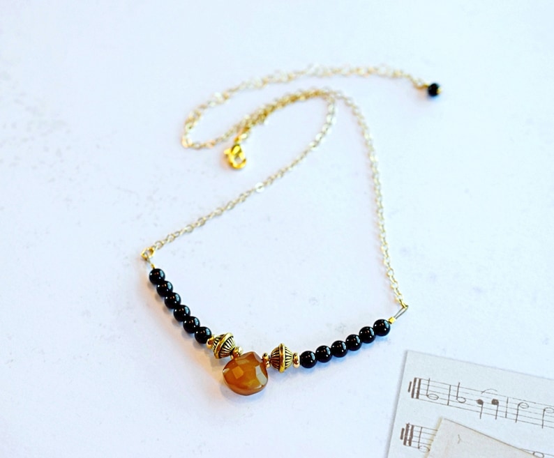 Black Onyx Bar Necklace /& Amber Chalcedony Teardrop on Gold Chain Minimal Choker Mothers Day Gift Everyday Necklace