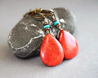 Red Coral Teardrop Earrings Hematite Turquoise & Magnesite Coral Unique Rustic Bohemian