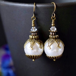 Shell Pearl Earrings, White Ball Pearl Drop Earrings, Vintage Style Antique Gold, Wedding Jewelry, Bridal Pearl Dangle Earrings image 1