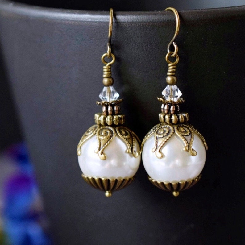 Shell Pearl Earrings, White Ball Pearl Drop Earrings, Vintage Style Antique Gold, Wedding Jewelry, Bridal Pearl Dangle Earrings image 1