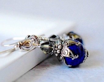 Victorian Lapis Earrings - Lapis Lazuli Stone - Black Diamond Crystal Dangles - Gift for Her