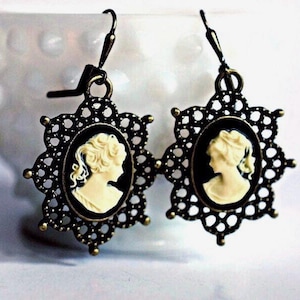 Edwardian Cameo Earrings, Ivory & Black Victorian Lady Cameo Dangles, Antique Gold Brass Filigree Setting, Cameo Jewelry, Birthday Gift