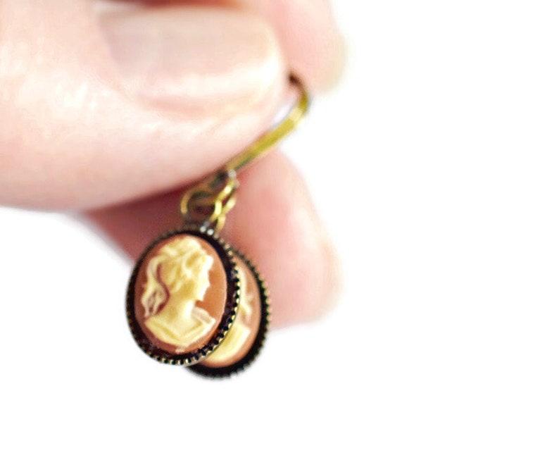 Mini Gold Cameo Earrings in Ivory & Carnelian Cameo Drop Earrings, Gifts for Her Victorian Jane Austin Style image 1