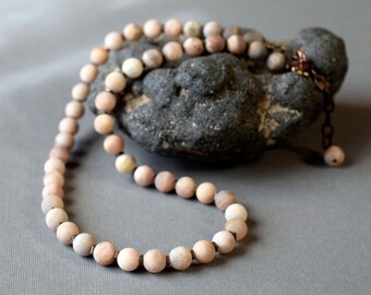 Bohemian Sunstone Necklace, Cream Rose Matte Stone Necklace, Pink Gemstone Beaded Necklace & Earrings Jewelry Set