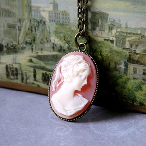 Carnelian Woman Cameo Pendant Necklace Antique Gold Brass Chain Birthday Gifts For Her image 4