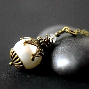 Mother of Pearl Necklace Topped with Clear Crystal - Antique Gold Chain - Pearl Bridal Pendant Necklace - Victorian Vintage - Wedding Jewelr