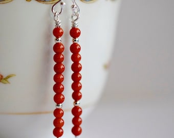 Thin Linear Long Bar Seed Bead Earrings : Stacked Small Red Coral and Sterling Silver Beaded Earrings, Minimal Modern, Personalized Jewelry