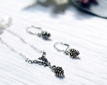 Bohemian Tiny Pinecone Necklace & Earrings Set, Silver Charm Necklace, Personalized Jewelry, Birthday Gift