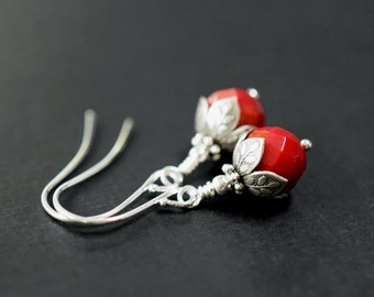 Silver Leaf Red Coral Earrings, Dainty Red Drops Red Dangle Earrings, Red Earrings, Antique Silver Sterling Birthday Gift For Her