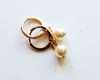 Gold Pearl Earrings - Huggie Hoops White Freshwater Pearl Drops Personalized Gift