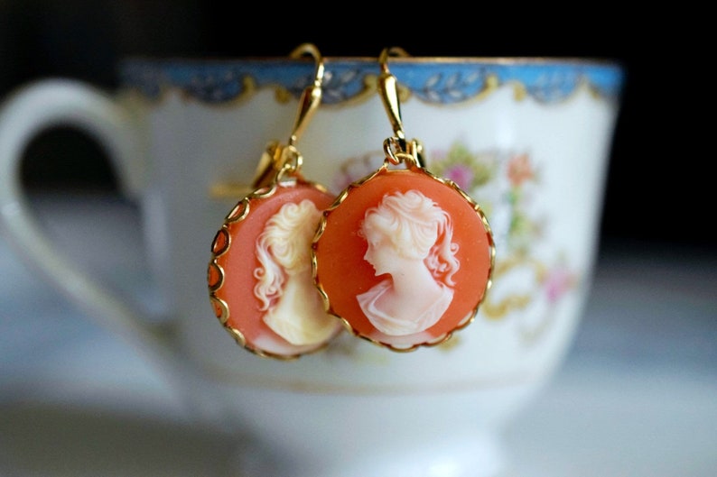 Carnelian Gold Cameo Earrings Jane Austin Cameo Jewelry image 1